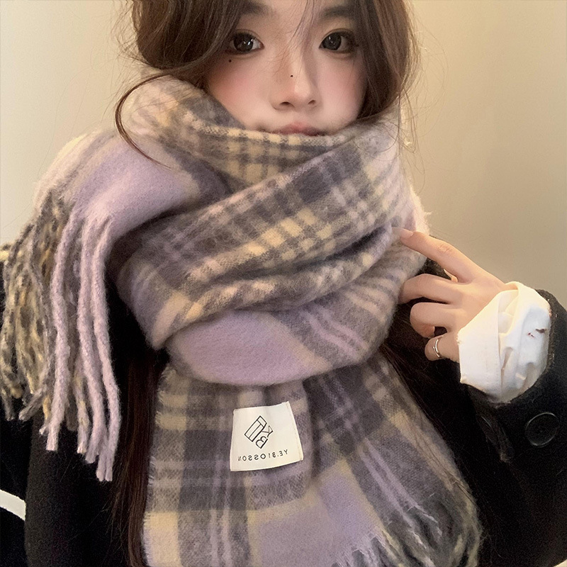 Wool Scarf Men - Purple Plaid Scarf Women's Autumn and