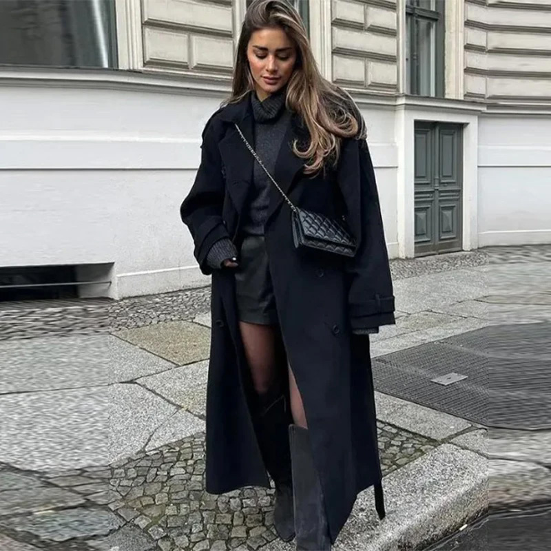 Elegant Grey Belt Long Faux Wo - Wool Coat Peacoat 리뷰 및 가격