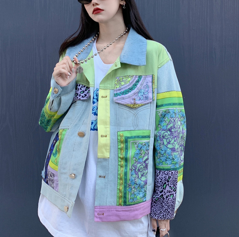 Print Spliced Denim Jackets Wo - Down Jacket Packable 리뷰 및 가격